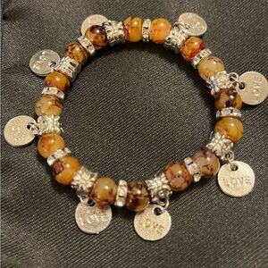 Silver and Brown Stretch Beaded Bracelet with Love Charm